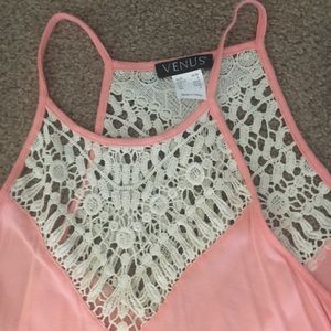 Pink flowy tank with lace neckline